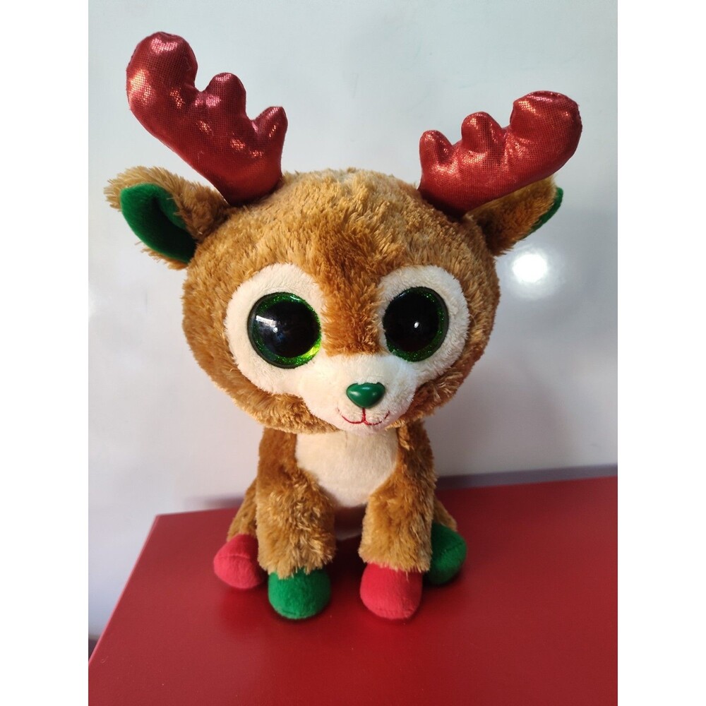 Ty ALPINE Reindeer Beanie Boo Green Eyes Red Shiny Antlers 10” Christmas Plush